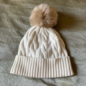 Mark & Graham Cream Knit Beanie with Tan Pom-Pom